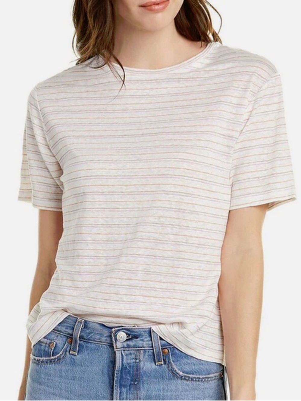 VINCE 100% Linen Multi Stripe Boyfriend Tee M Medium White Purple Tan